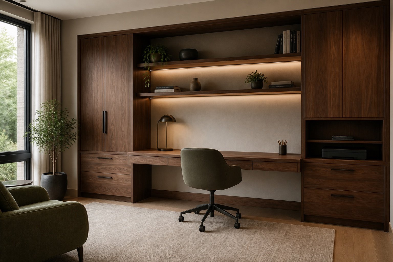 Bureau à domicile sur mesure en noyer avec bibliothèque murale