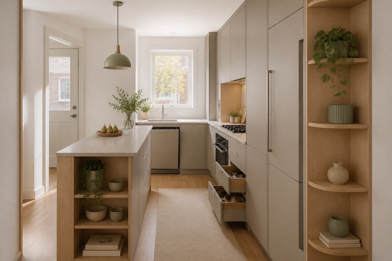 Petite cuisine sur mesure claire avec rangement pleine hauteur