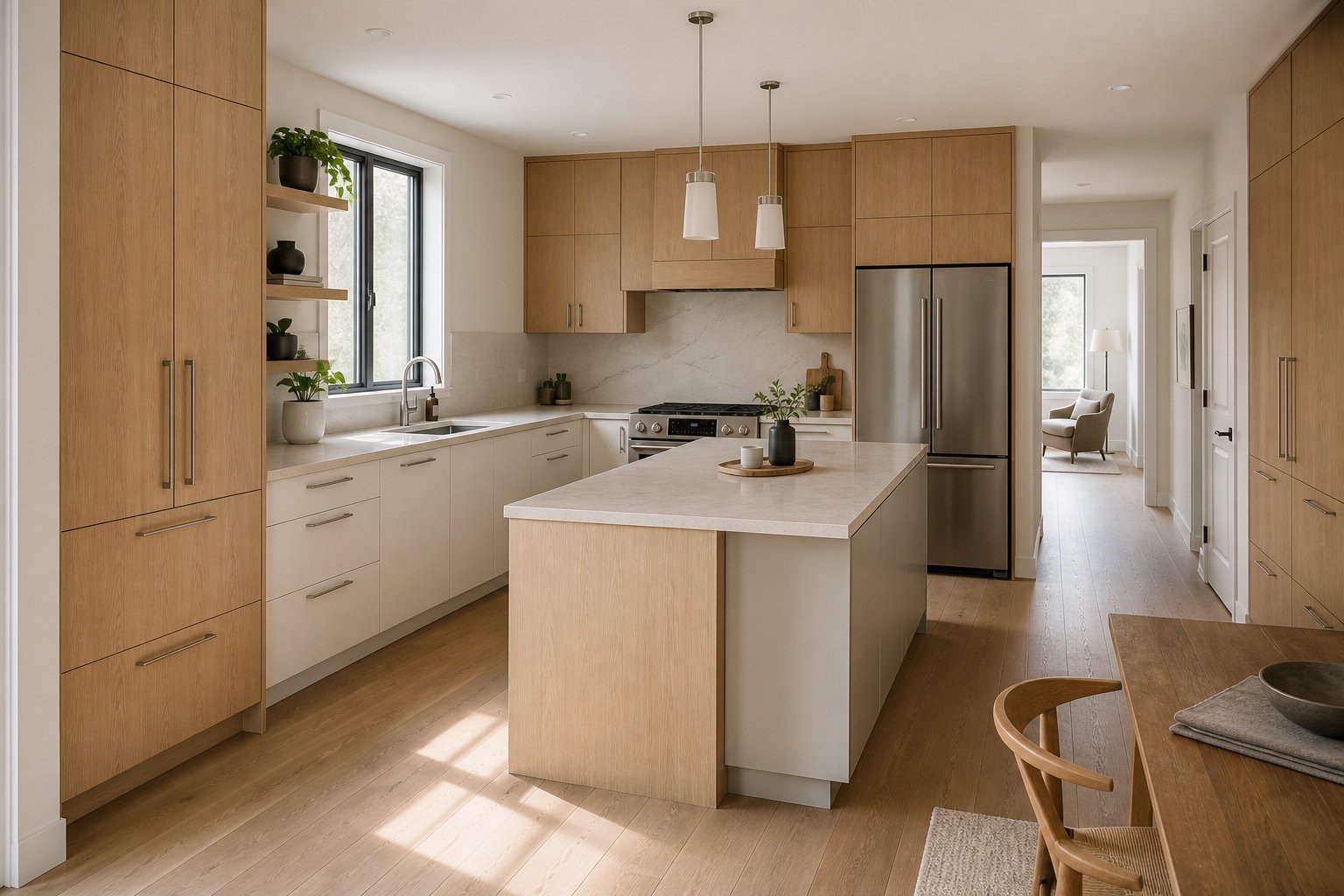 Cuisine sur mesure en chêne clair avec îlot et circulation dégagée