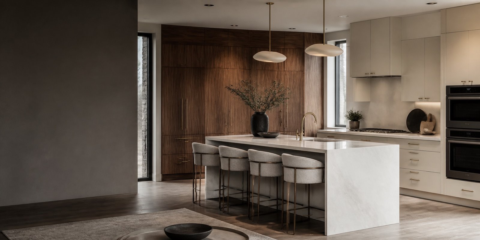 Cuisine sur mesure en noyer et pierre claire