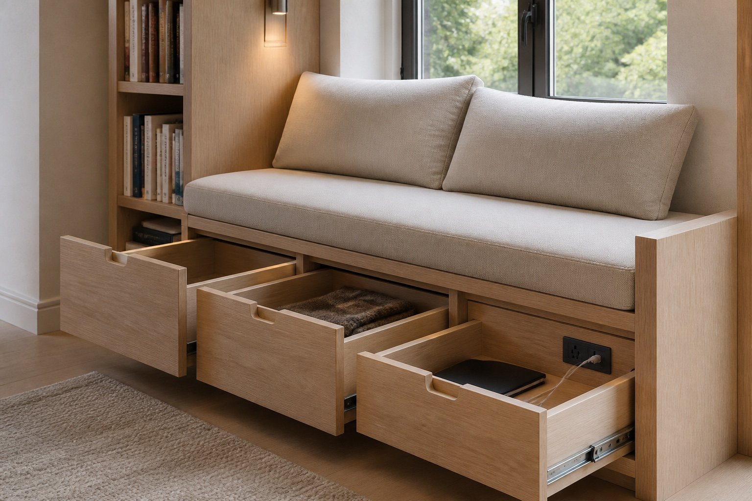 Banquette intégrée avec tiroirs, bibliothèque et éclairage de lecture