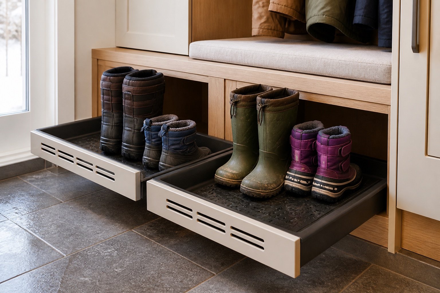 Plateaux ventilés et amovibles pour bottes d’hiver mouillées