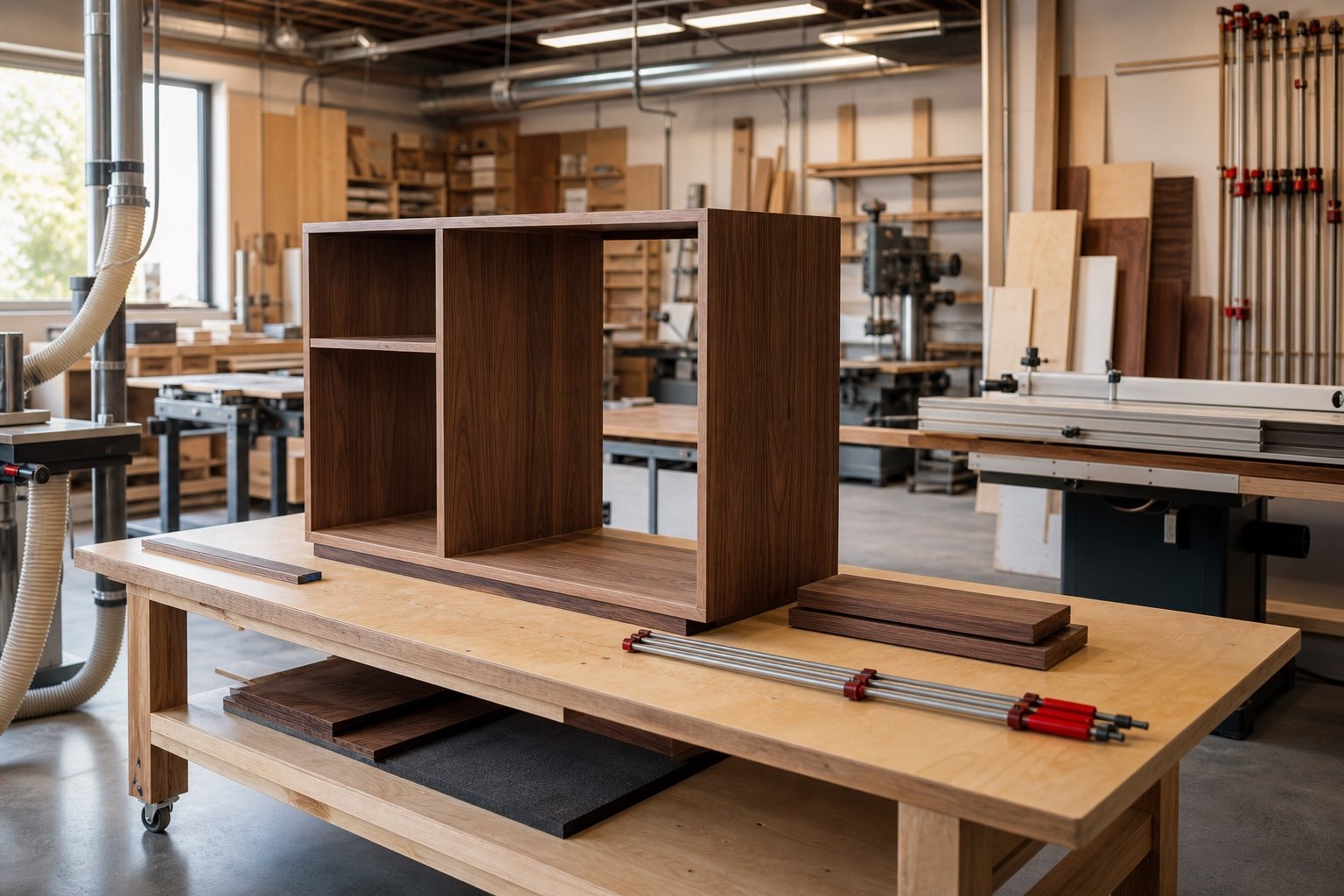 Atelier local d’ébénisterie avec meuble en noyer en cours d’assemblage