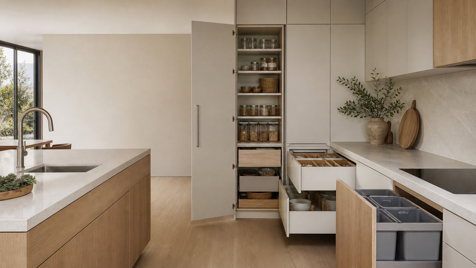 Armoires sur mesure avec garde-manger, tiroirs et recyclage intégrés