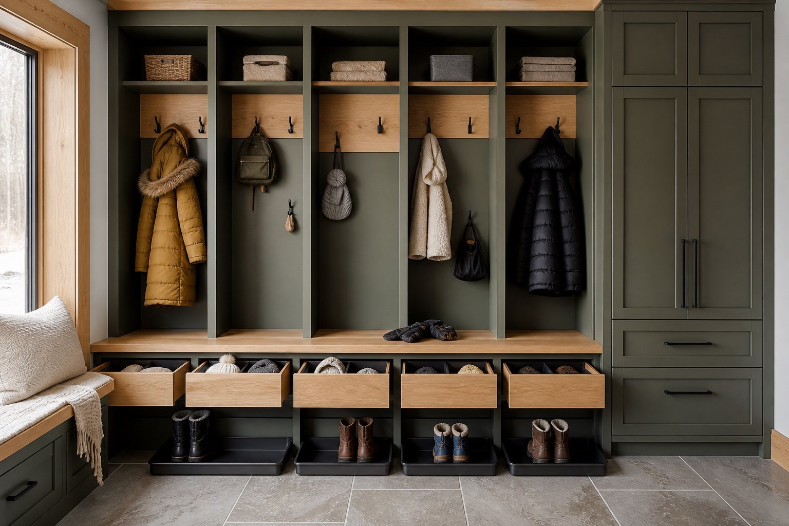 Vestibule familial avec zones individuelles et crochets accessibles