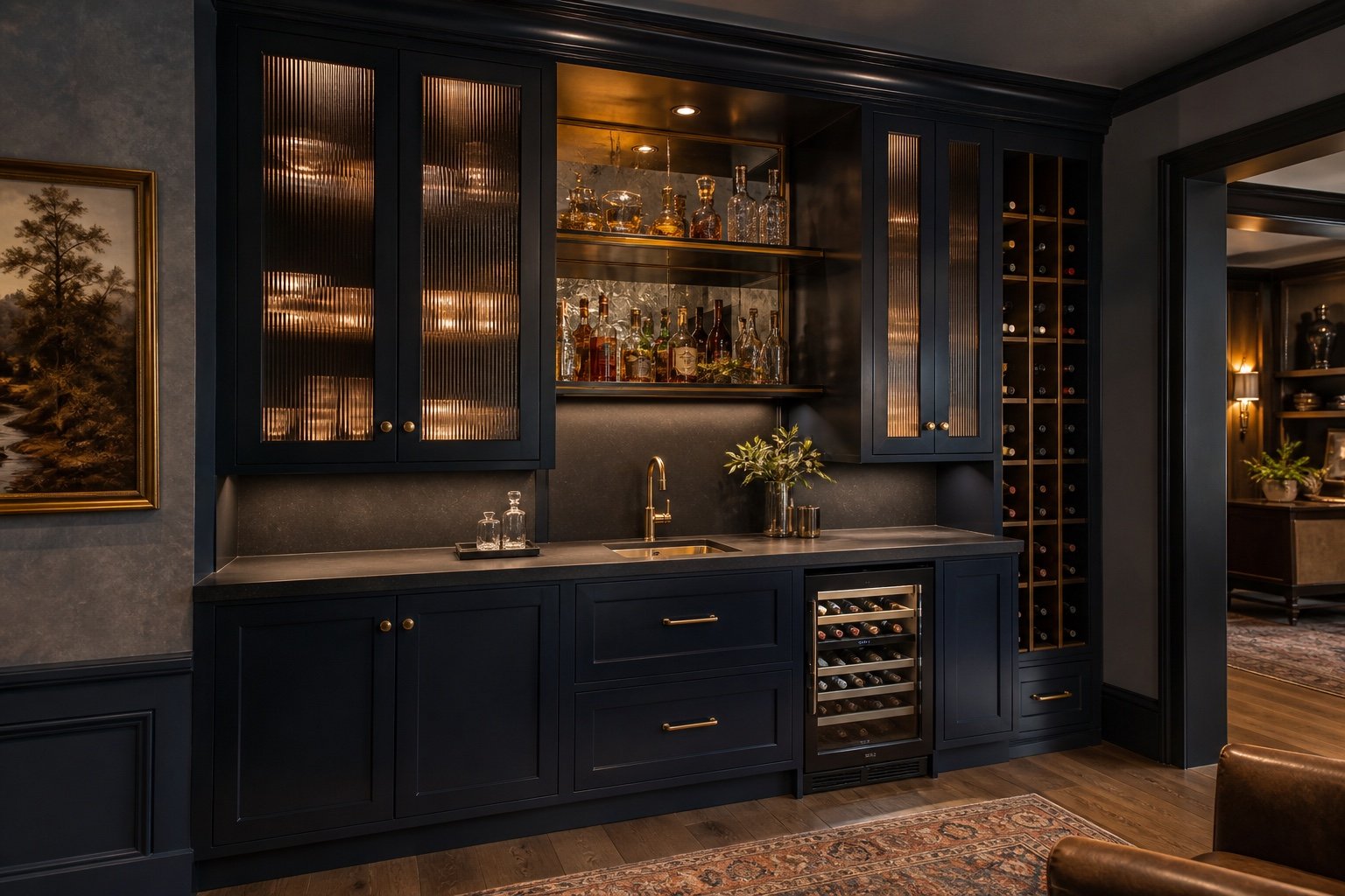 Concept de bar bleu nuit avec cellier et verre cannelé