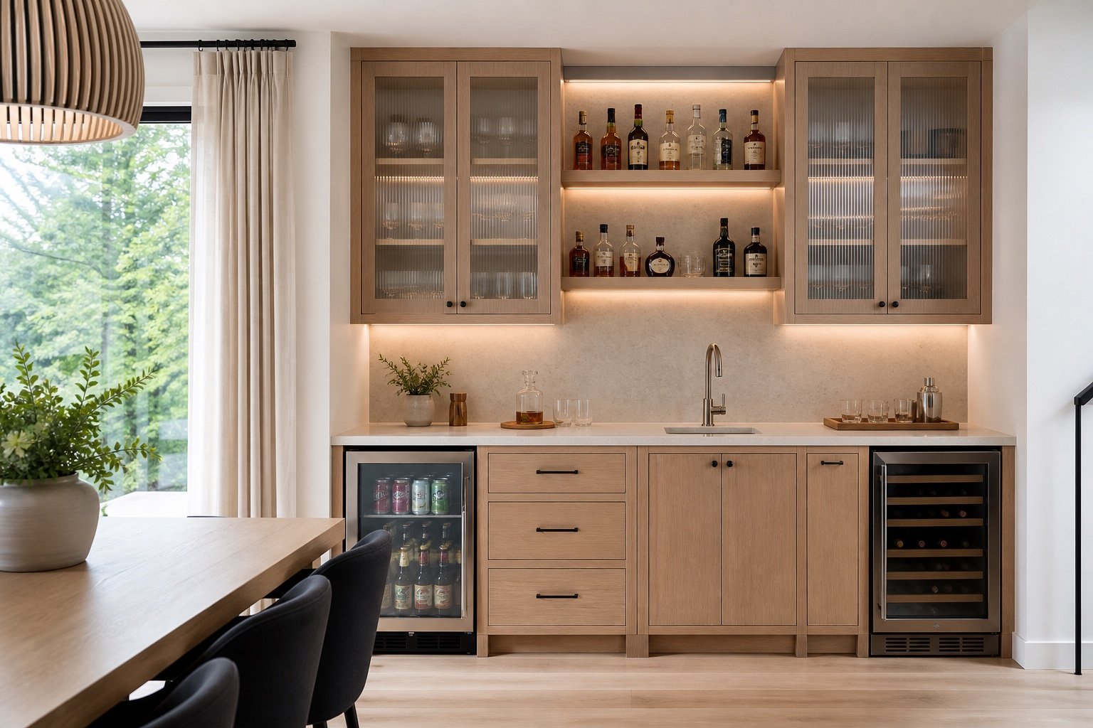 Concept de bar en chêne clair avec réfrigérateurs et évier