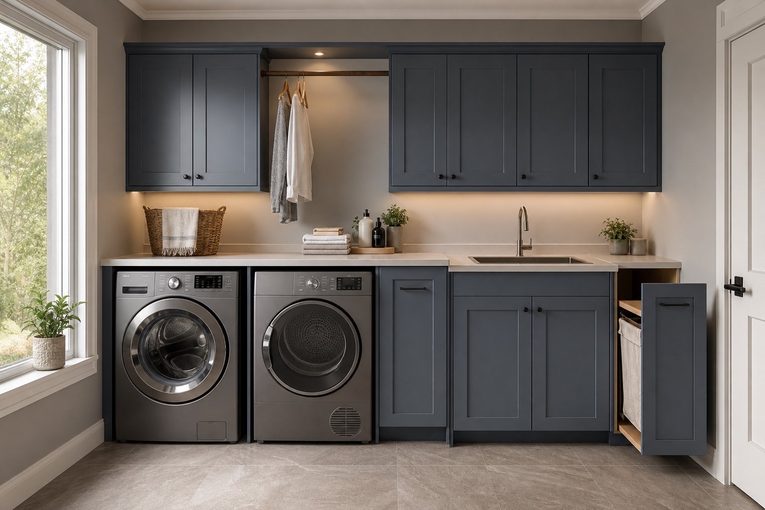 Concept de buanderie bleu gris avec laveuse et sécheuse distinctes