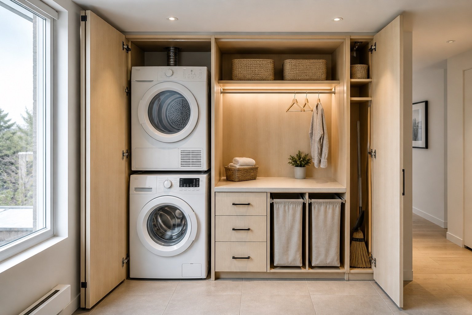 Concept de buanderie compacte en érable avec laveuse et sécheuse superposées