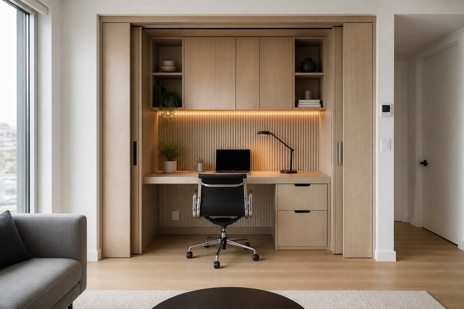 Concept de bureau compact en alcôve de chêne avec portes escamotables
