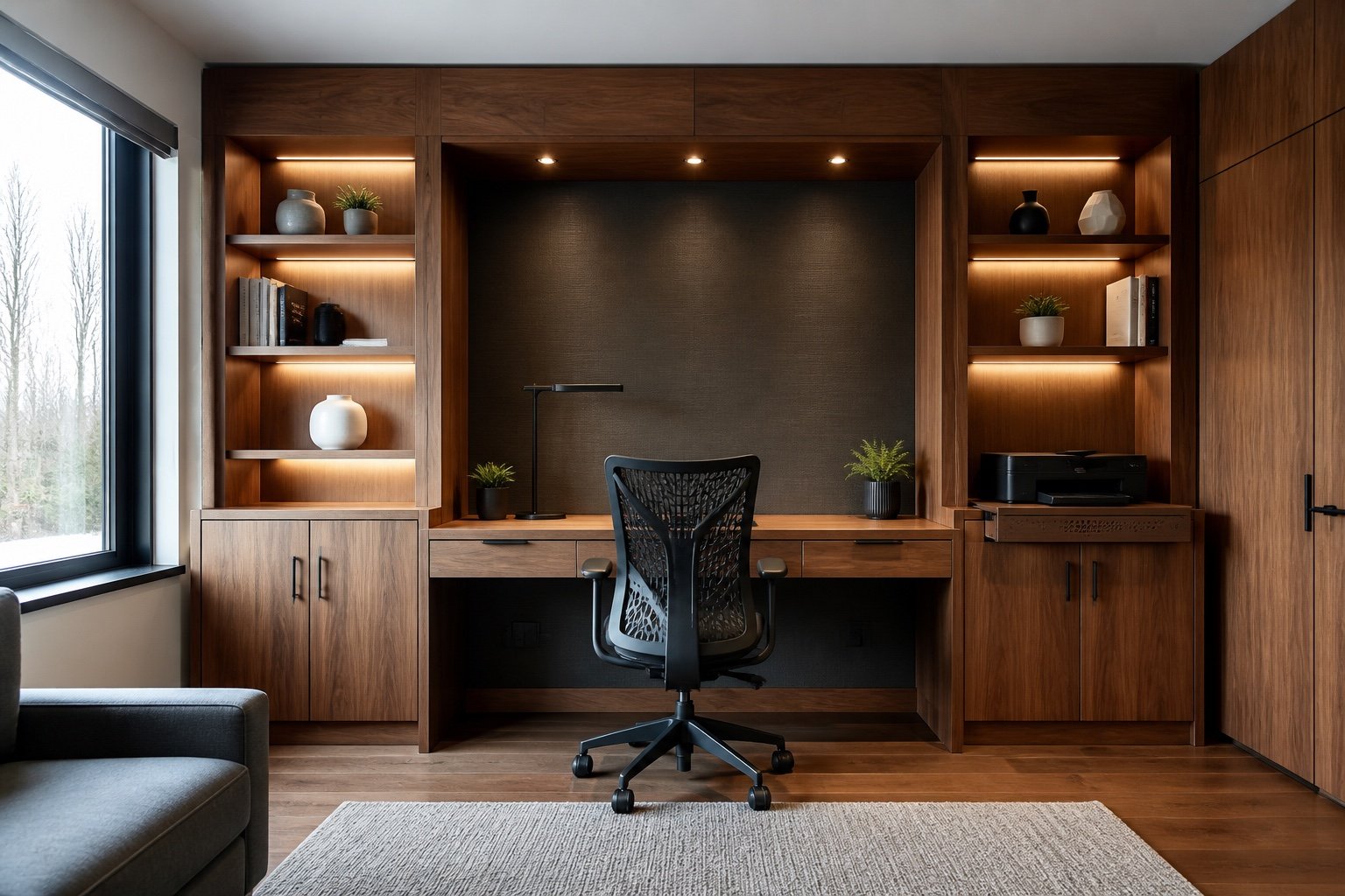 Concept de bureau en noyer avec rangement mural et éclairage