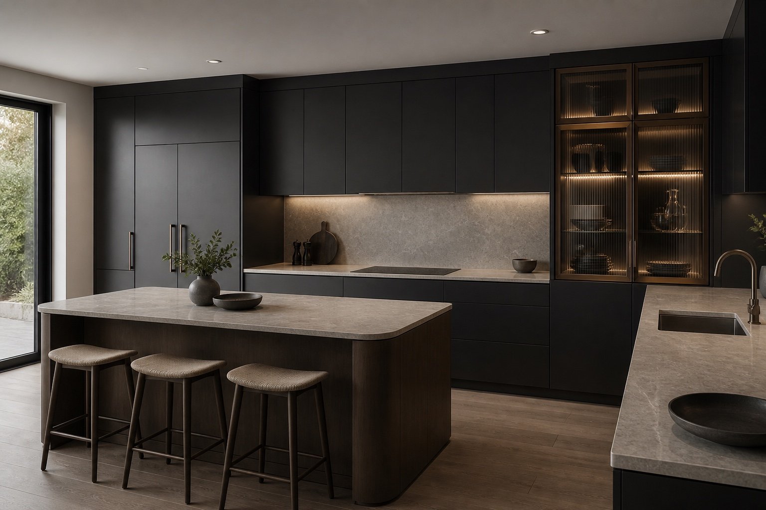 Concept de cuisine charbon avec îlot en chêne fumé et vitrine éclairée