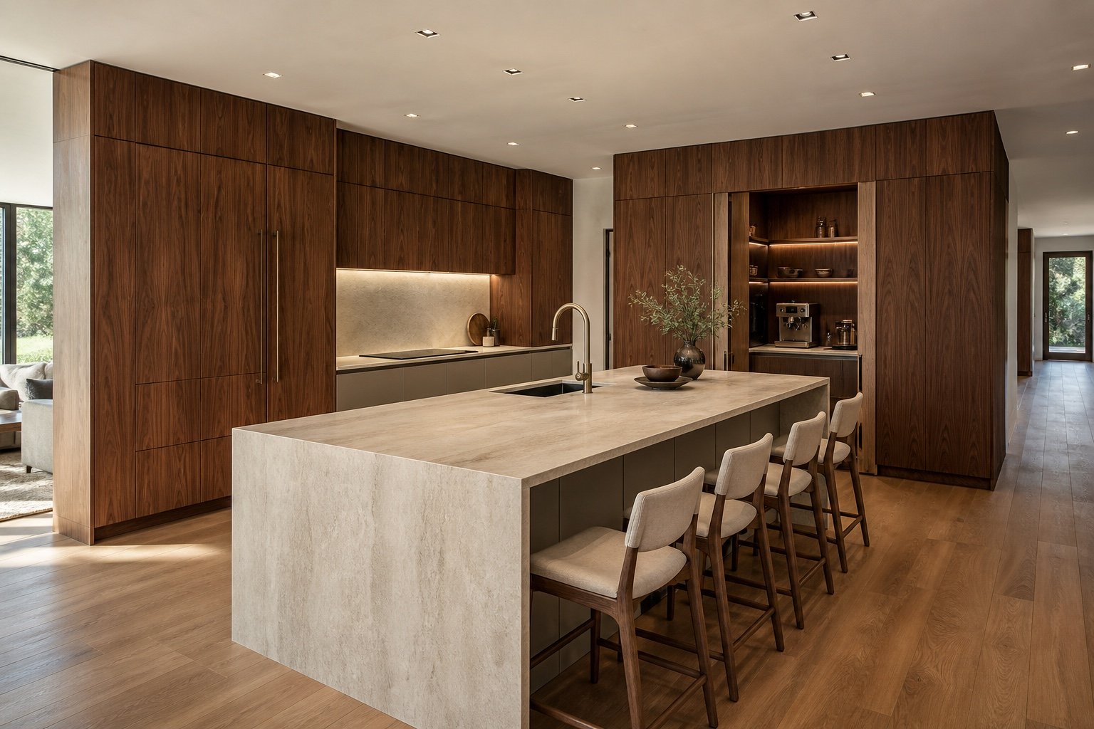 Concept de cuisine contemporaine en noyer avec comptoir de pierre claire