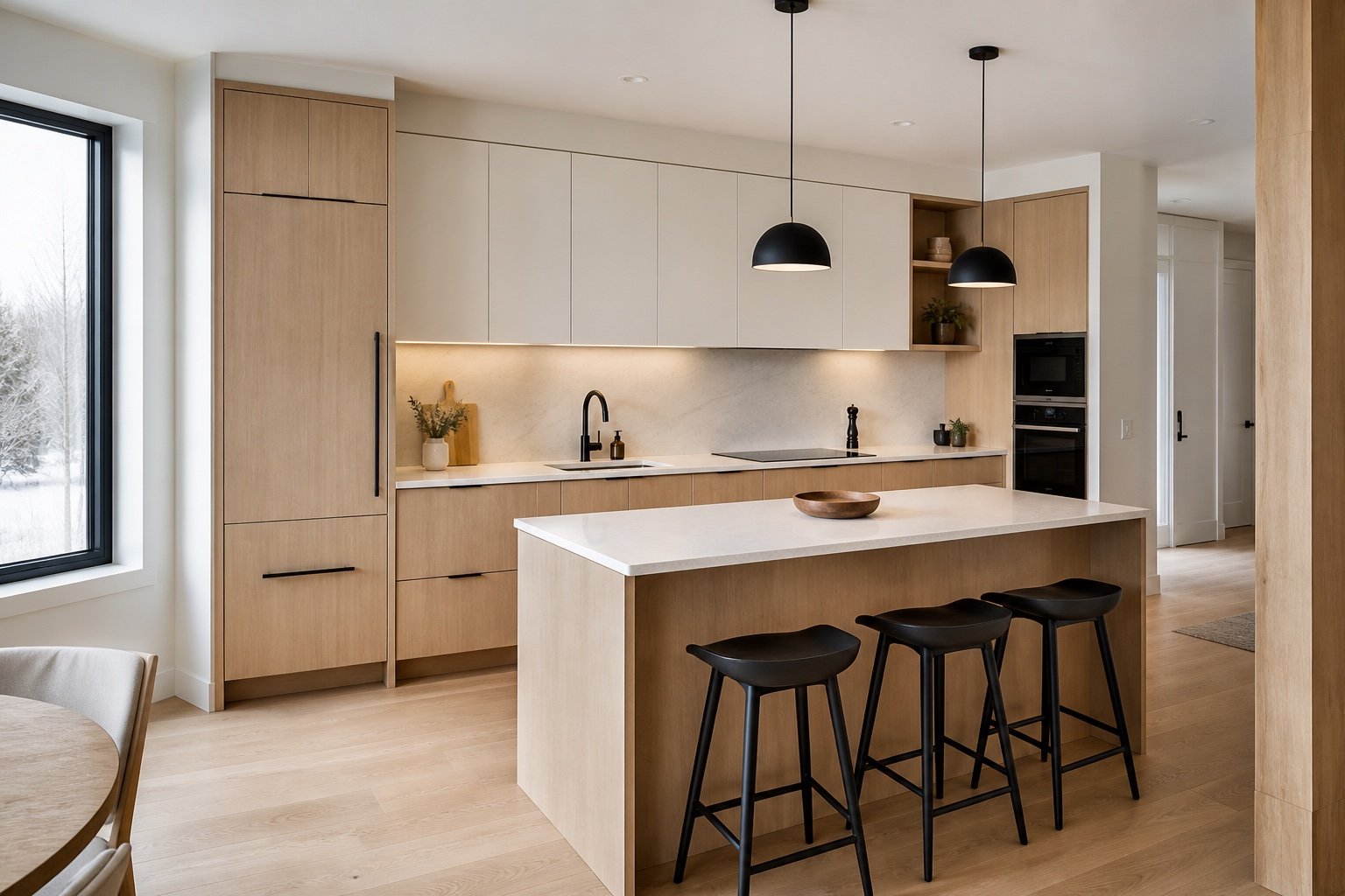 Cuisine d’inspiration scandinave avec armoires en chêne clair