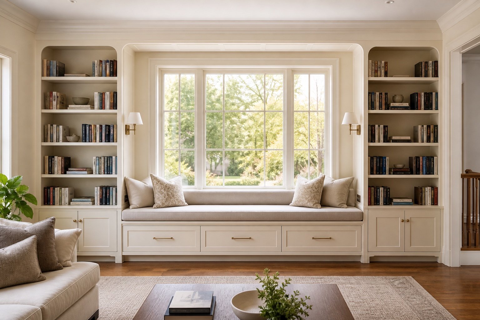 Concept de bibliothèque crème avec banquette intégrée sous une fenêtre