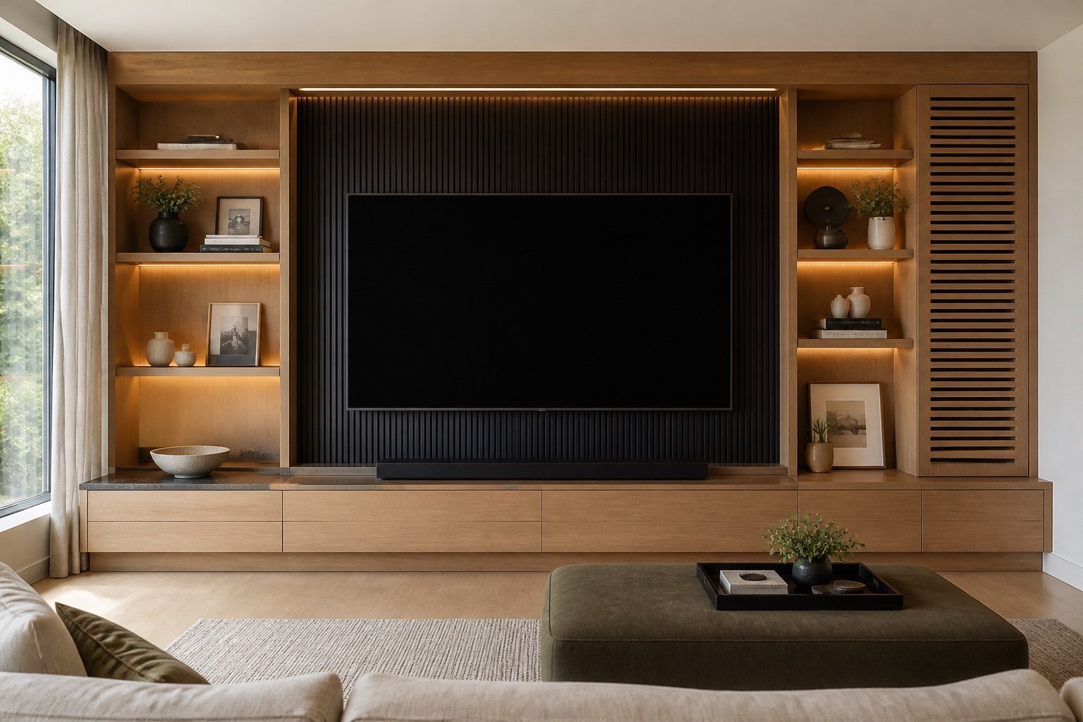 Concept de meuble média en chêne avec niches et rangement ventilé