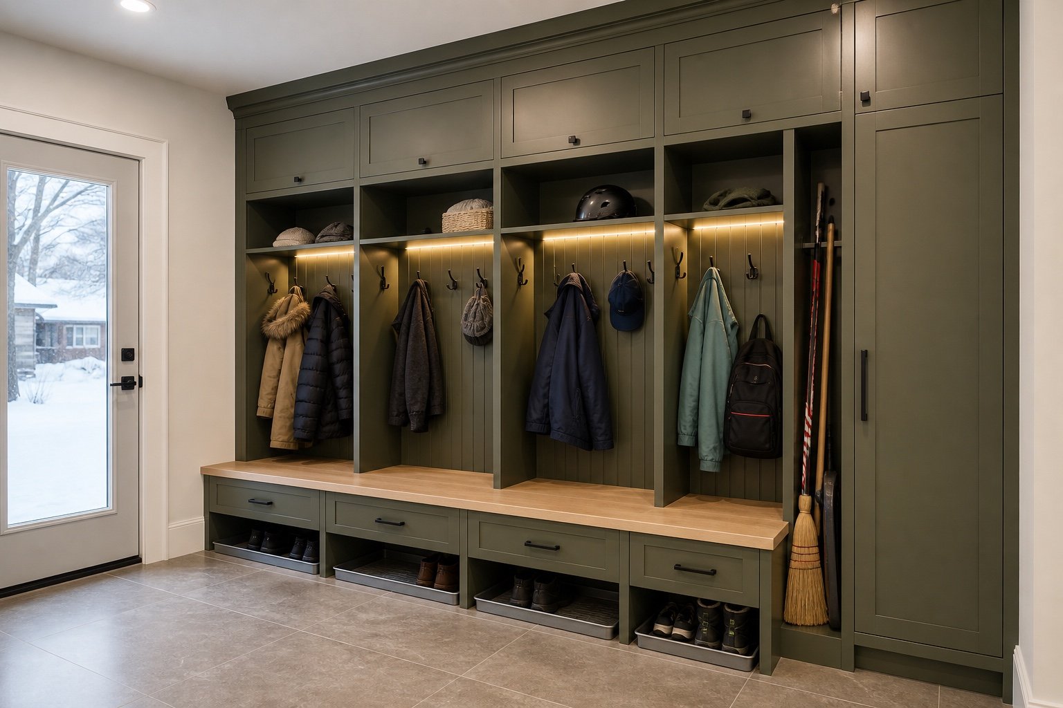 Concept de mudroom olive avec quatre zones familiales