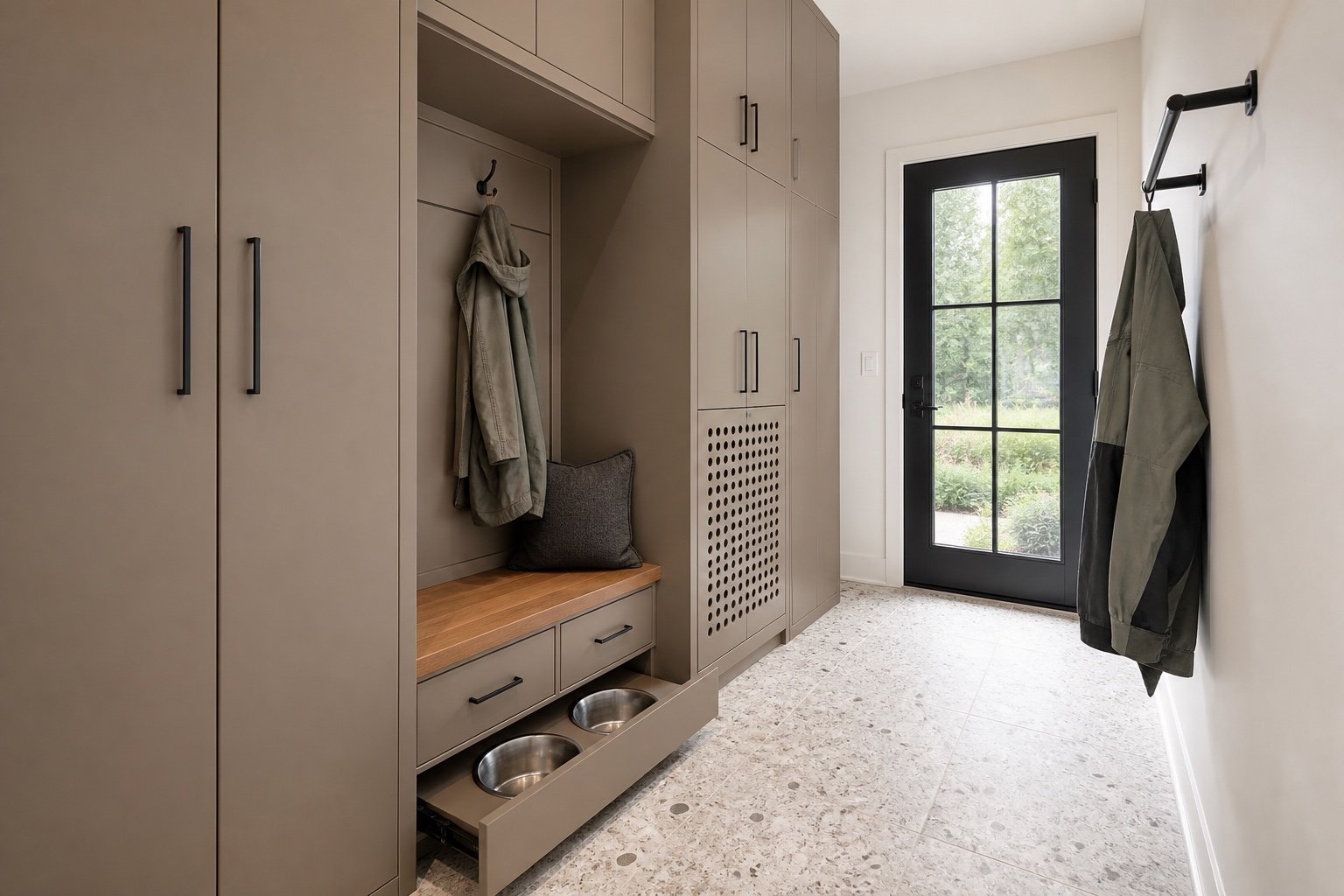 Concept de mudroom taupe compacte avec bols pour animal escamotables