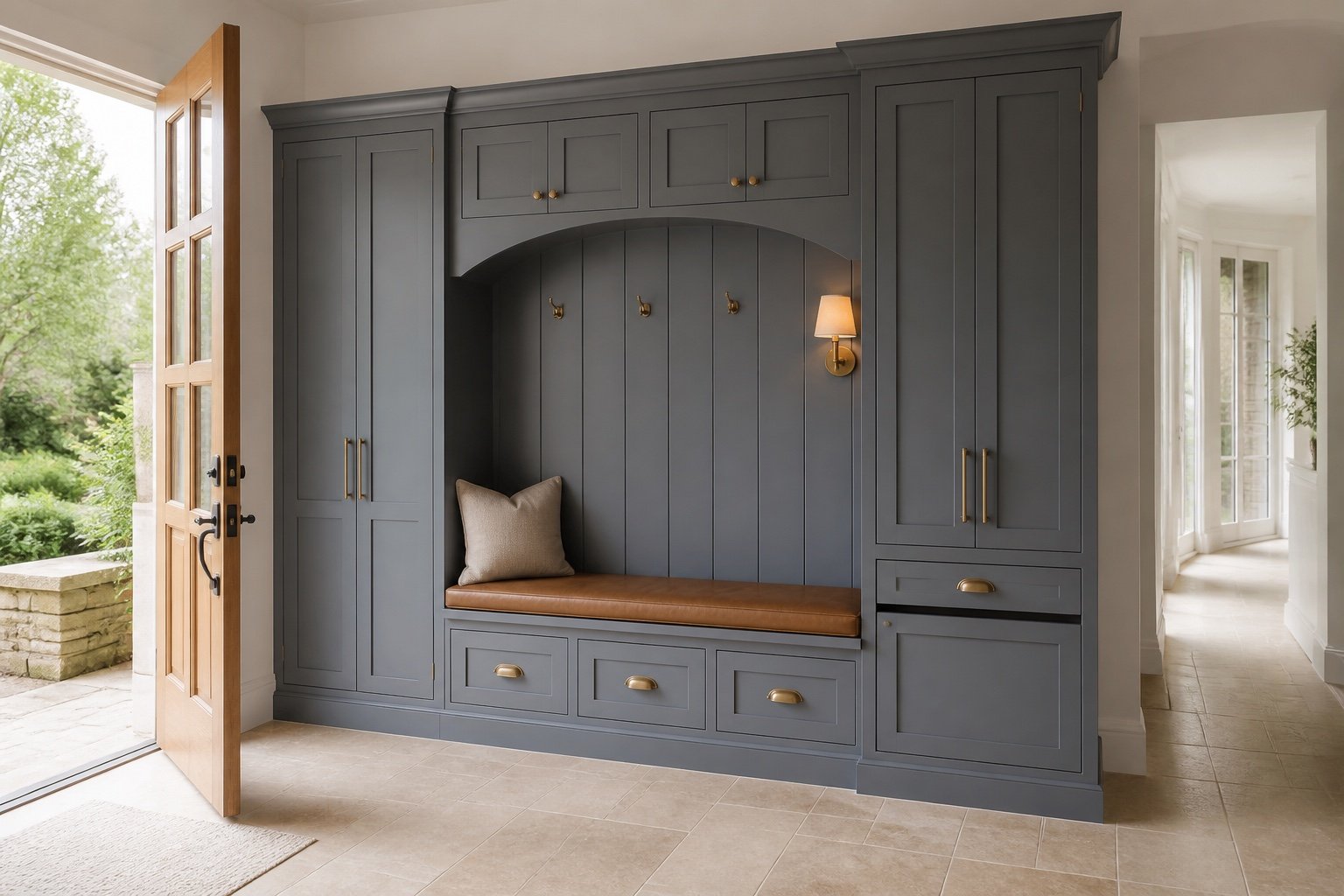 Concept de vestibule bleu gris avec banc en cuir et armoires à cadres