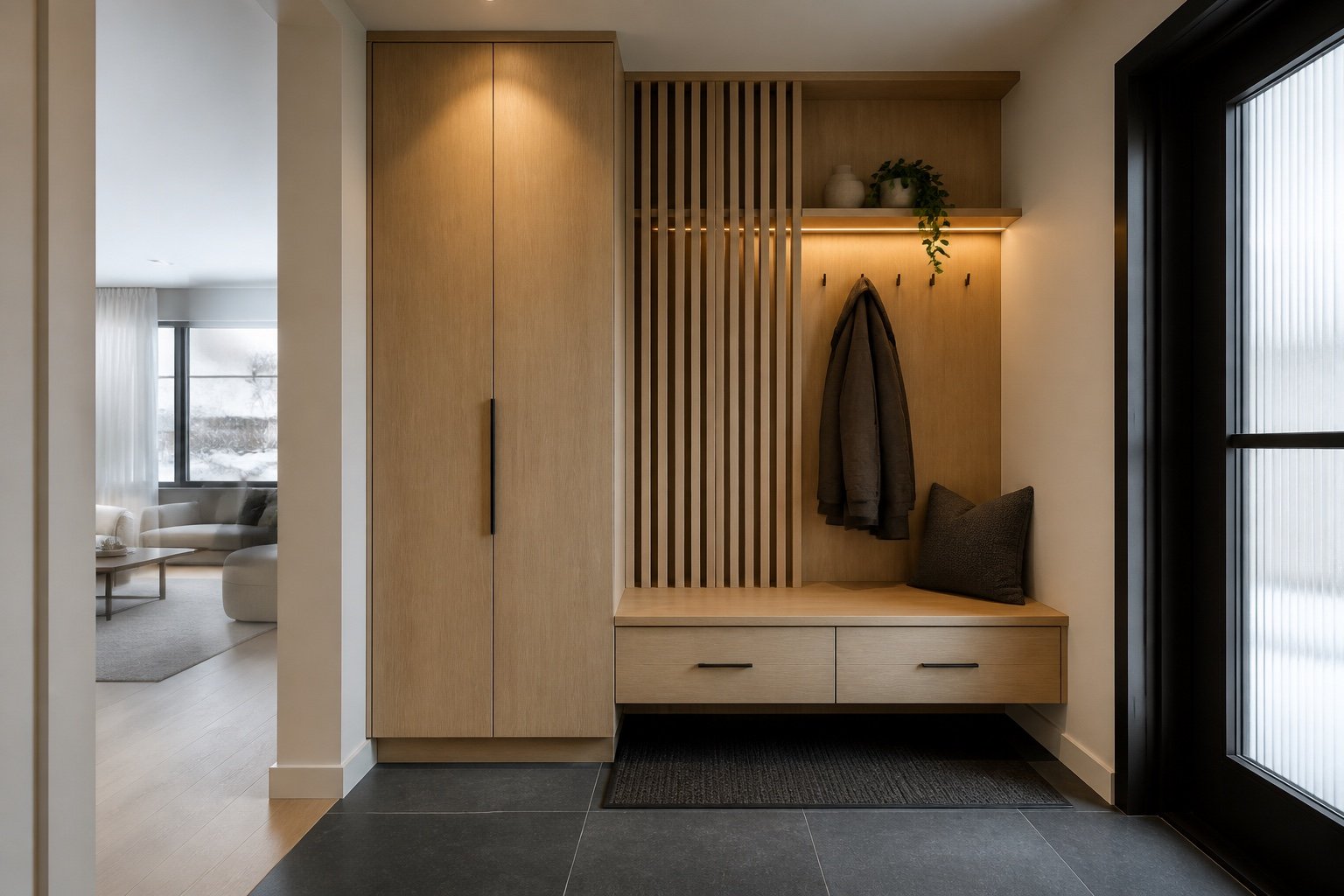 Concept de vestibule contemporain en chêne avec banc flottant