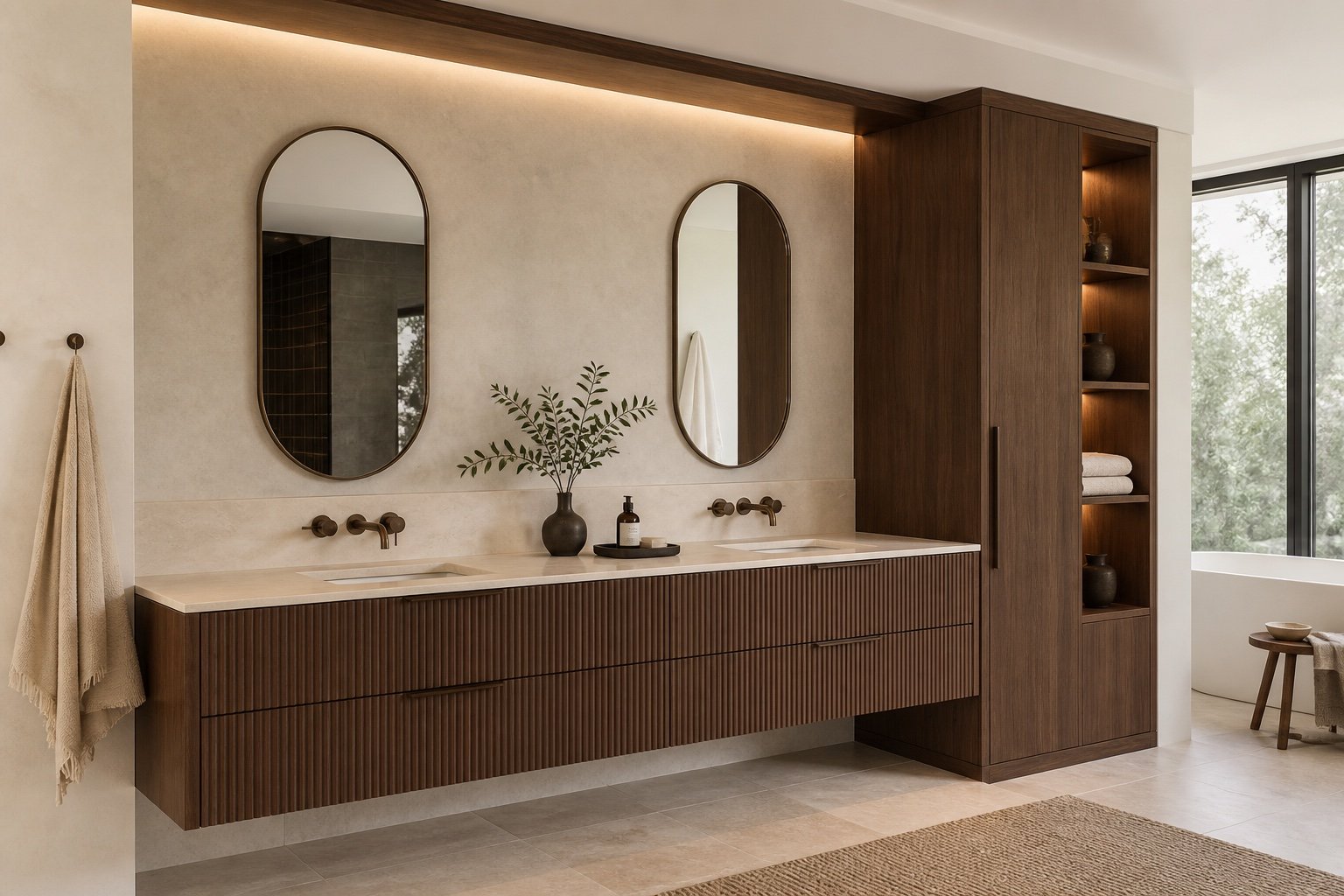 Vanité double et rangement de salle de bains en noyer