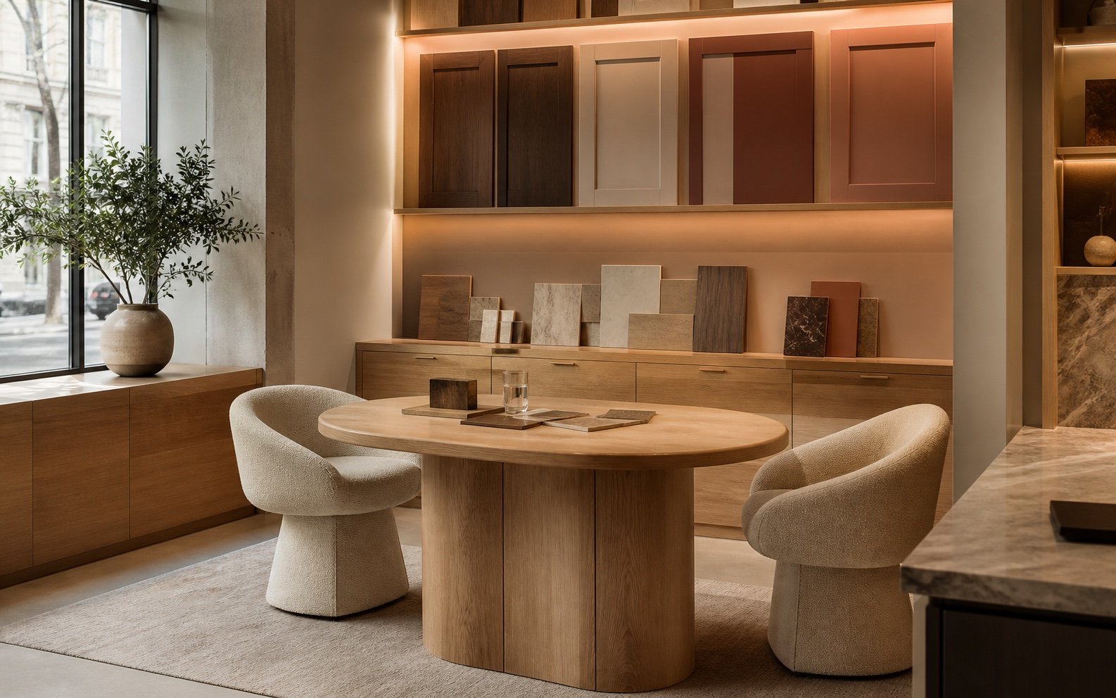 Espace de consultation chaleureux avec table, fauteuils et échantillons d’armoires