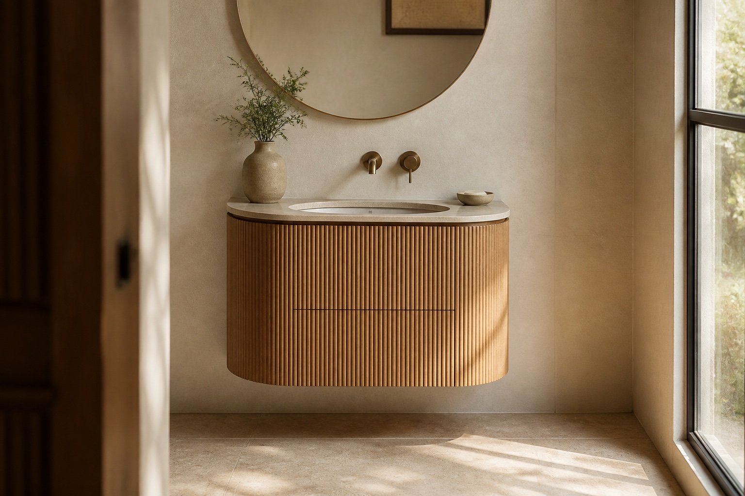 Concept de petite vanité courbe et cannelée en chêne