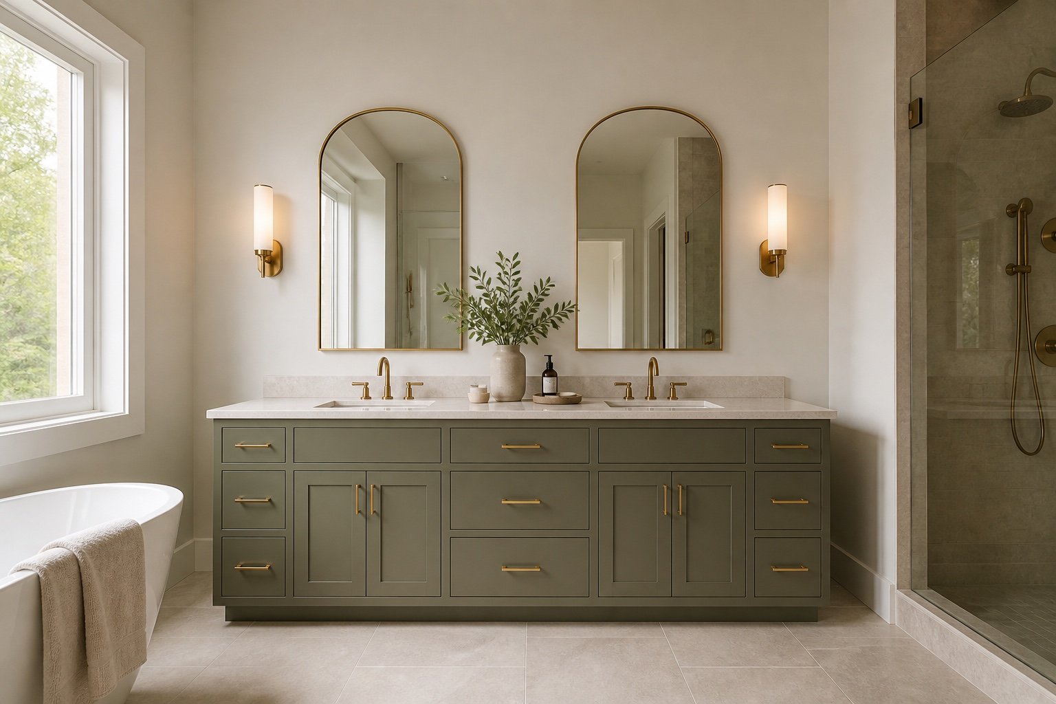 Concept de vanité shaker vert sauge à double lavabo