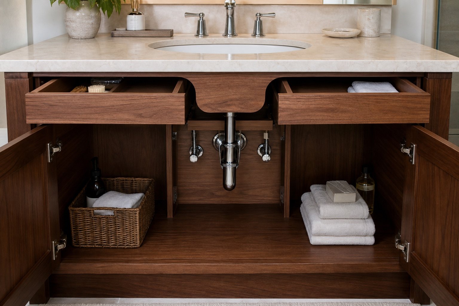 Plomberie accessible à l’intérieur d’une vanité sur mesure