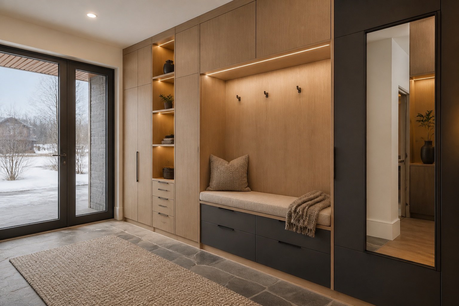 Vestibule sur mesure en chêne et laque anthracite